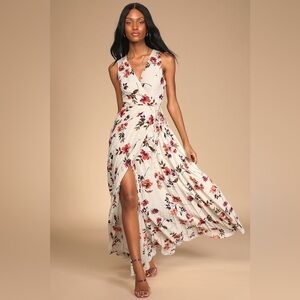 Lulus Lindsie Ivory Multi Floral Print Pleated Wrap Maxi Dress XL
